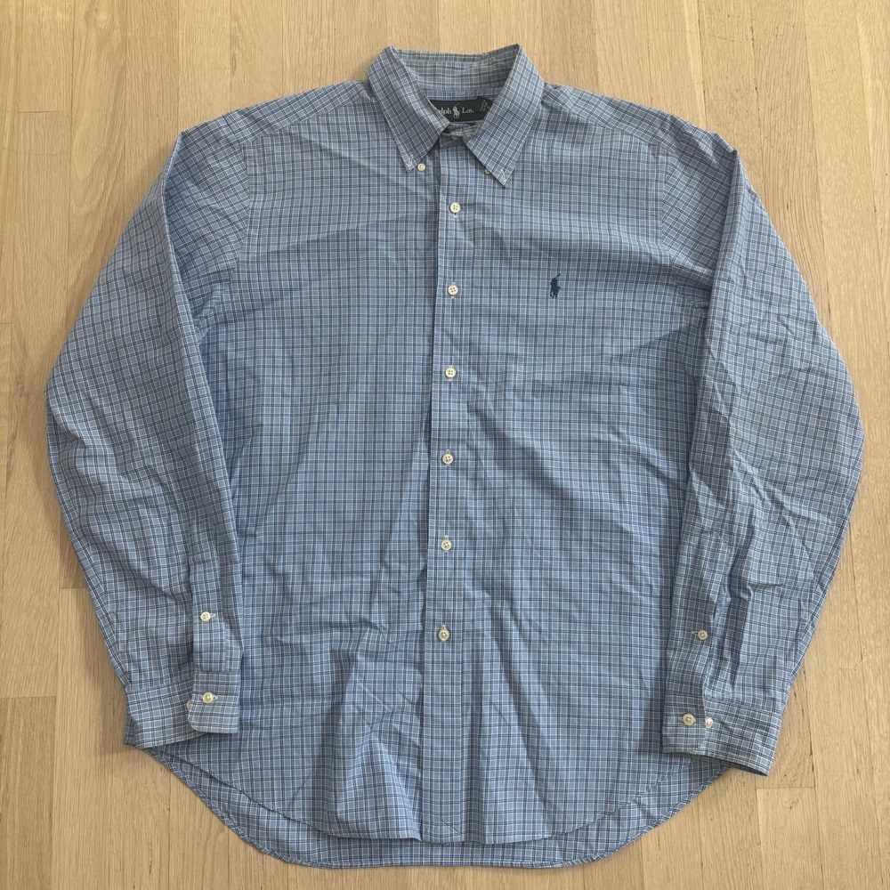 Ralph Lauren Button Down Shirt Mens L Blue Plaid Excellent Classic Fit Pony
